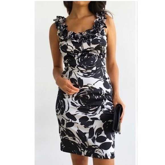 White House Black Market Dresses & Skirts - White House Black Market Floral Dress Ruffled Sleeve Black and White